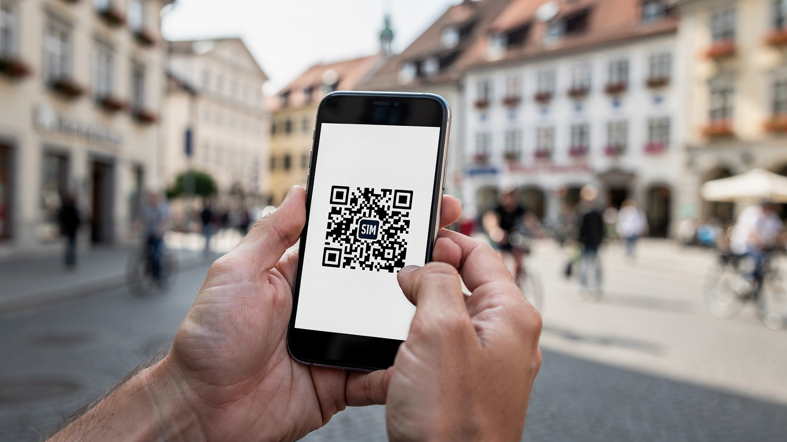 Две ръце, държащи телефон, на който се вижда QR код за активиране на eSIM, на фона на размазана улица в Мюнхен.