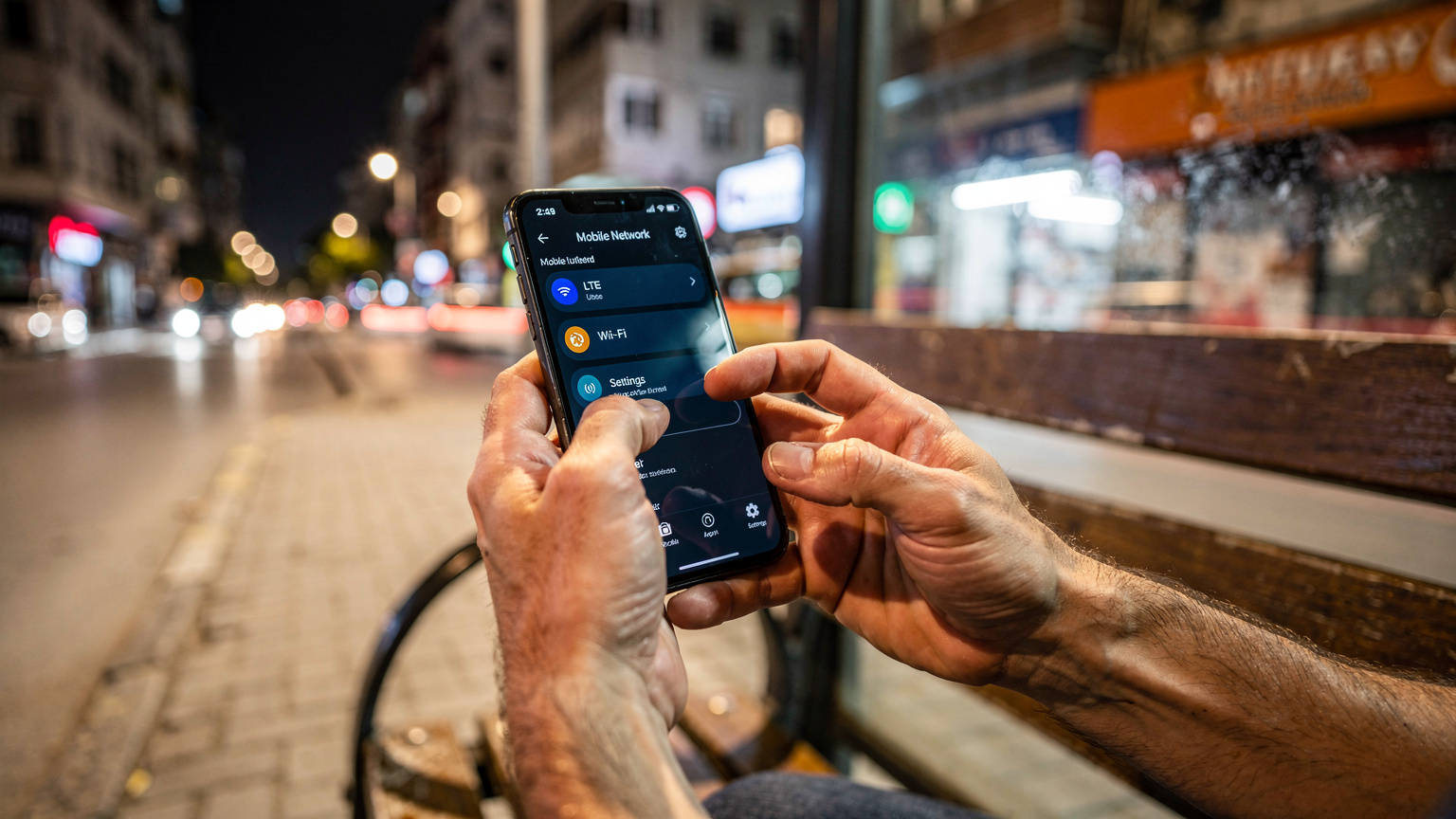 İstanbul'daki bir otobüs durağında elinde telefon tutan bir kişinin yakın çekimi. Telefonun ekranında mobil ağ ayarları açık, ay ışığı hafifçe ekrana yansıyor. Kişinin yüzü kadrajda değil, sadece elleri ve telefon odaklanmış.