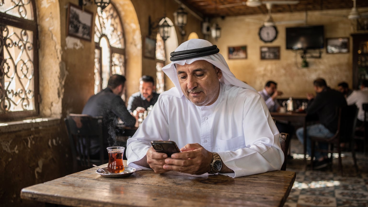 رجل عربي يرتدي دشداشة بيضاء ويجلس على طاولة خشبية في مقهى شعبي بمدينة بغداد، وهو يستخدم هاتفه الذكي بينما يحتسي الشاي العراقي التقليدي. الإضاءة دافئة وطبيعية من نافذة قريبة.