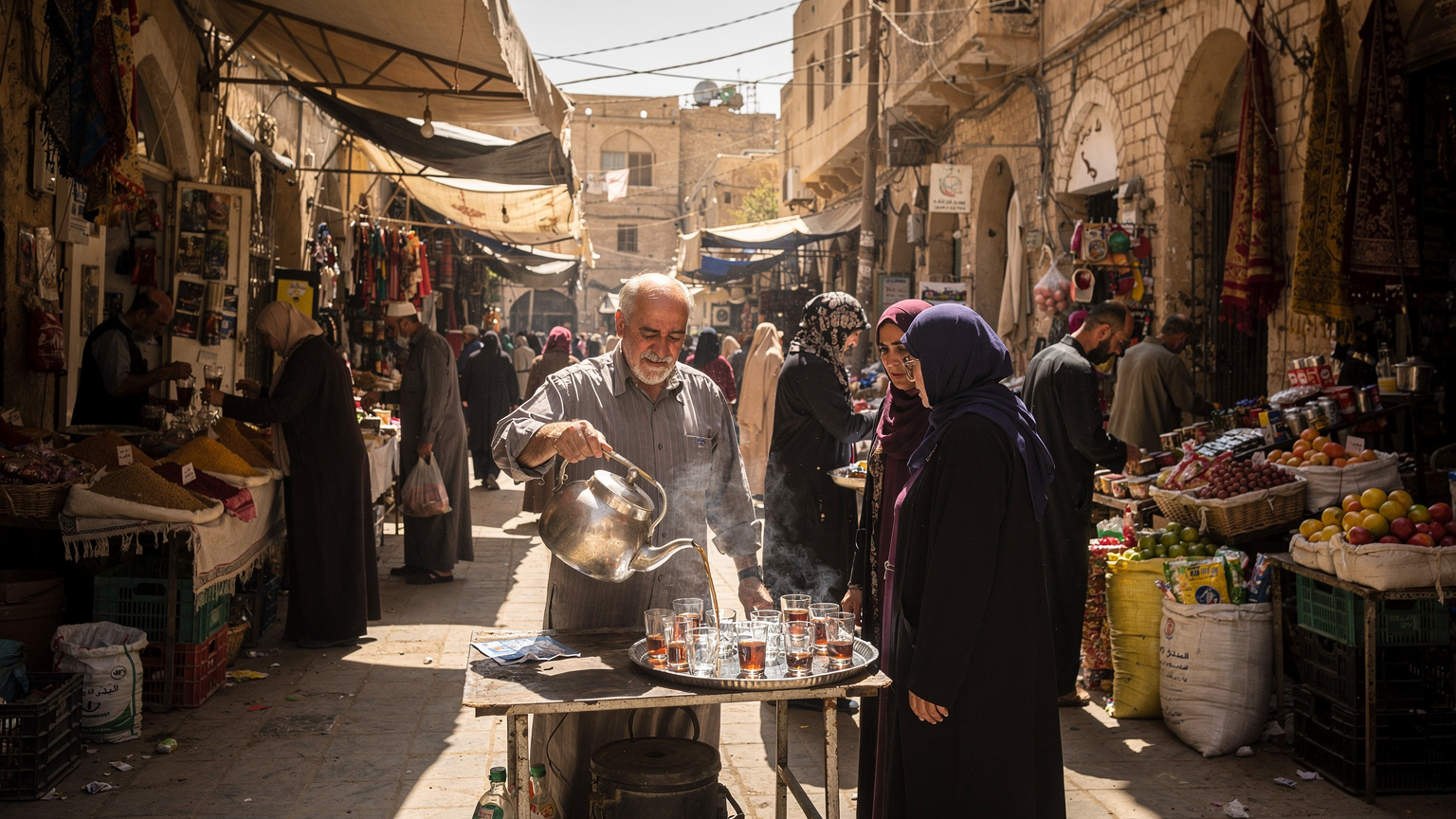 سوق شعبي مزدحم في البصرة، العراق، حيث يظهر بائع متجول وهو يقدم الشاي العراقي الساخن للزبائن. الأجواء حيوية ومليئة بالحركة، مع تفاصيل معمارية محلية.