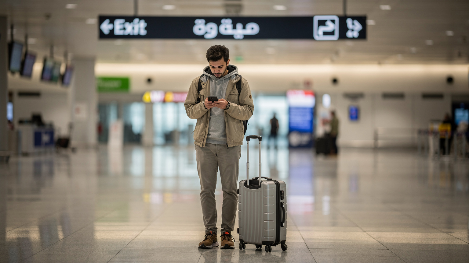 مسافر يحمل حقيبة يد ويستخدم هاتفه لتفعيل eSIM في صالة الوصول بمطار إسطنبول الدولي، إشارة "الخروج" تظهر في الخلفية.