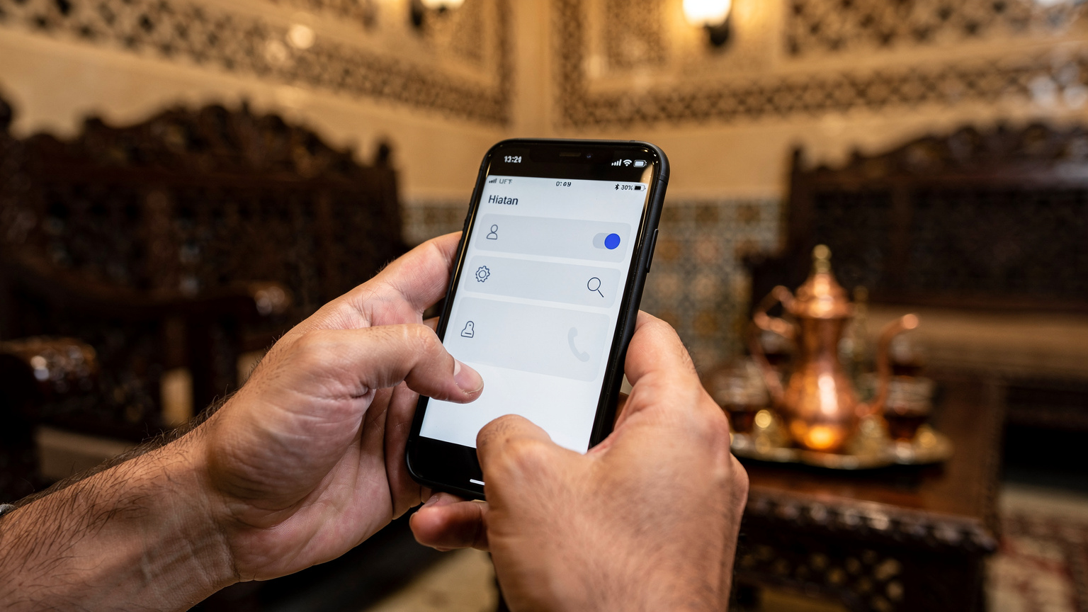 يدان بشريتان تضغطان برفق على شاشة هاتف ذكي تظهر قائمة إعدادات الاتصال، مع خلفية غير واضحة لمقهى بحريني تقليدي.