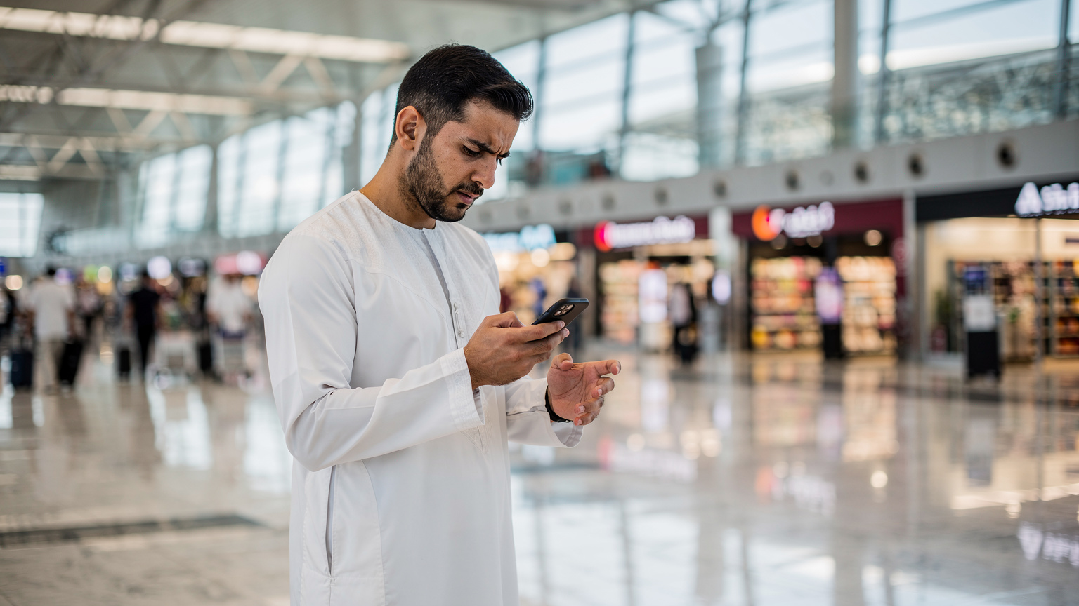 مسافر يواجه صعوبة في الاتصال بالإنترنت من هاتفه الذكي داخل مطار حمد الدولي في الدوحة، يظهر عليه بعض القلق، مع أضواء المطار والمتاجر في الخلفية.