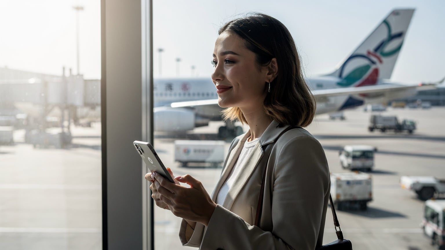 Traveler at Shanghai Pudong Airport with phone, looking at plane, showcasing eSIM readiness for China.