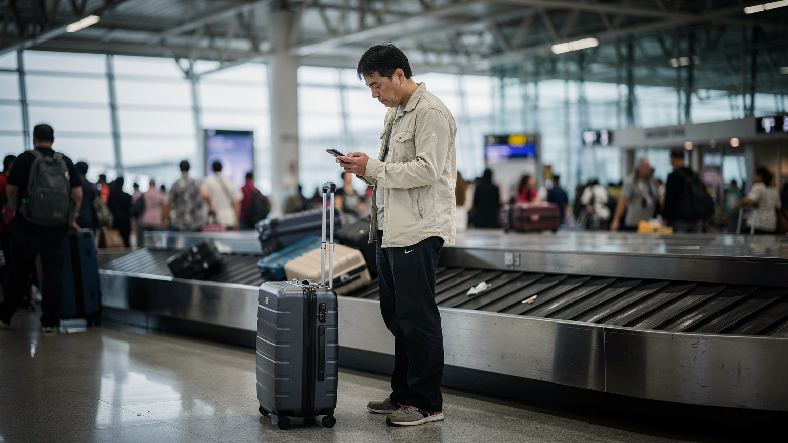 バンコクのスワンナプーム空港に到着した旅行者が、手荷物を持って到着ロビーでスマートフォンを確認する様子