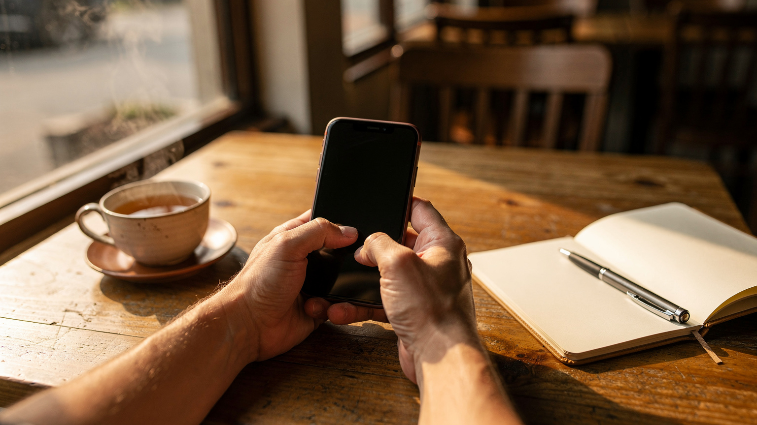 台北のカフェで、スマートフォンを手に取り設定画面を操作する人の手元のクローズアップ