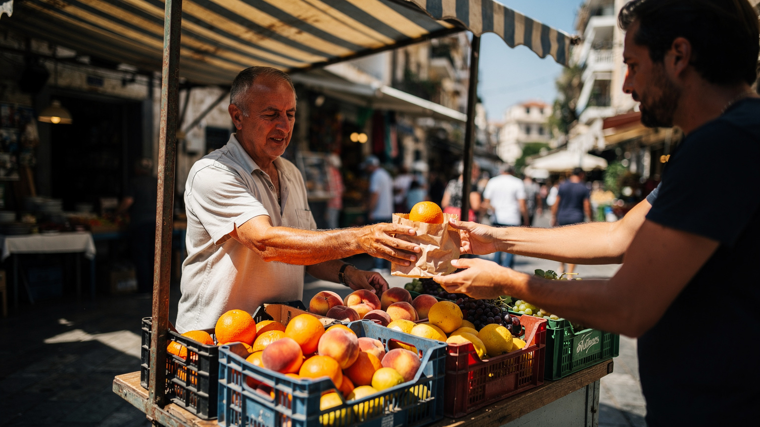Πωλητής σε πάγκο λαϊκής αγοράς στο Μοναστηράκι δίνει σακούλα με φρούτα σε πελάτισσα, μεσησημβρινή ηλιοφάνεια