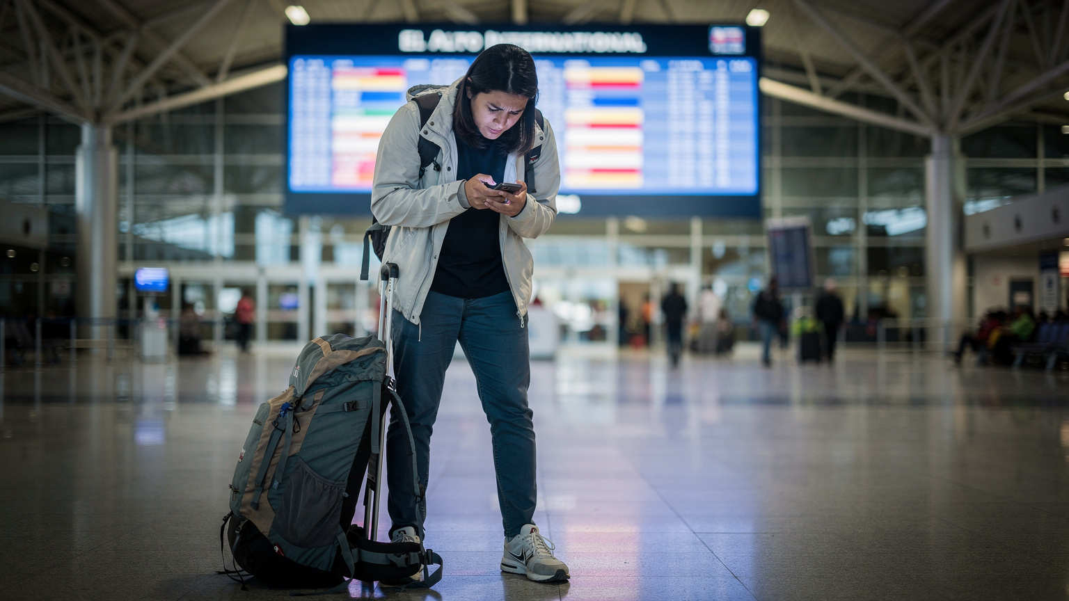 A frustrated traveler at El Alto International Airport (LPB) in La Paz, Bolivia, looking at a departure board with a flight delay notification.