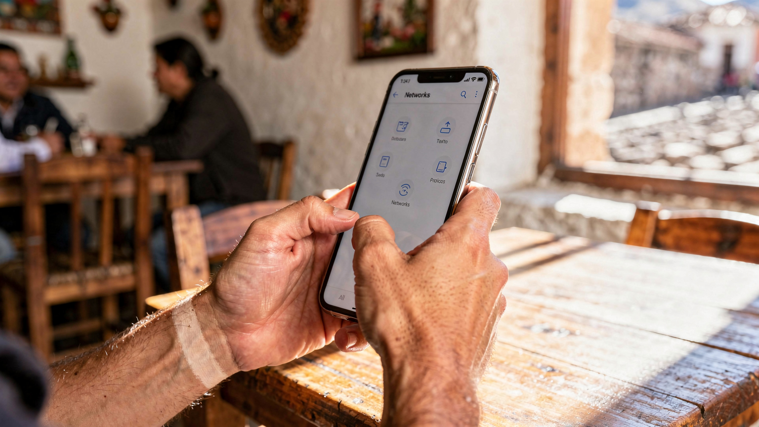 A close-up shot of hands holding a smartphone displaying network settings, with a blurry background of a traditional Bolivian cafe in Sucre.