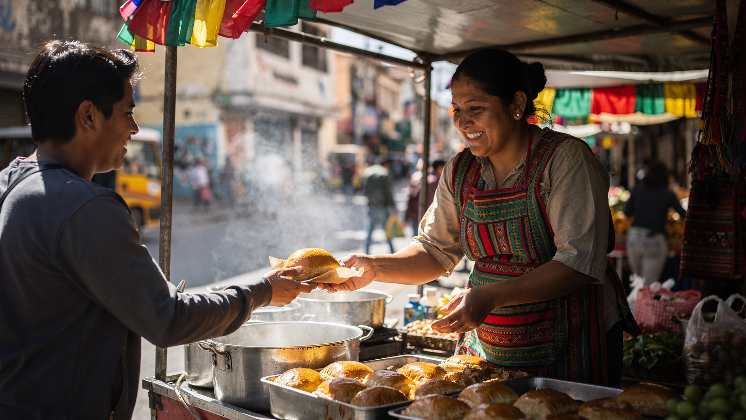 A vibrant street food stall in La Paz, Bolivia, with a vendor preparing salteñas and a customer waiting.
