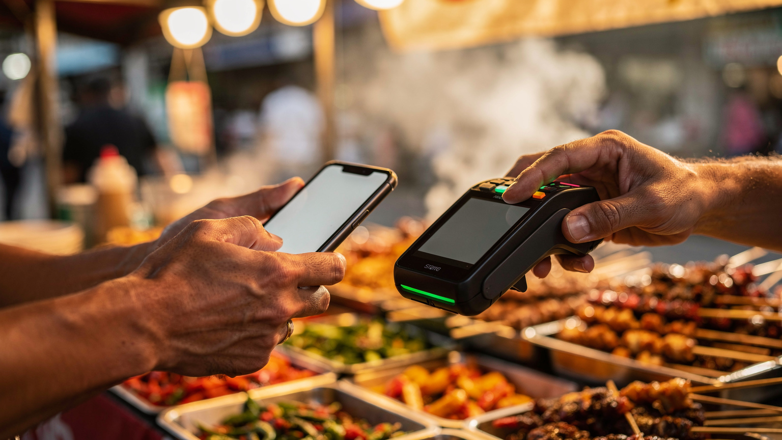 Close-up shot of human hands interacting with a mobile payment terminal at a bustling Bangkok street food stall, focusing on the gesture.