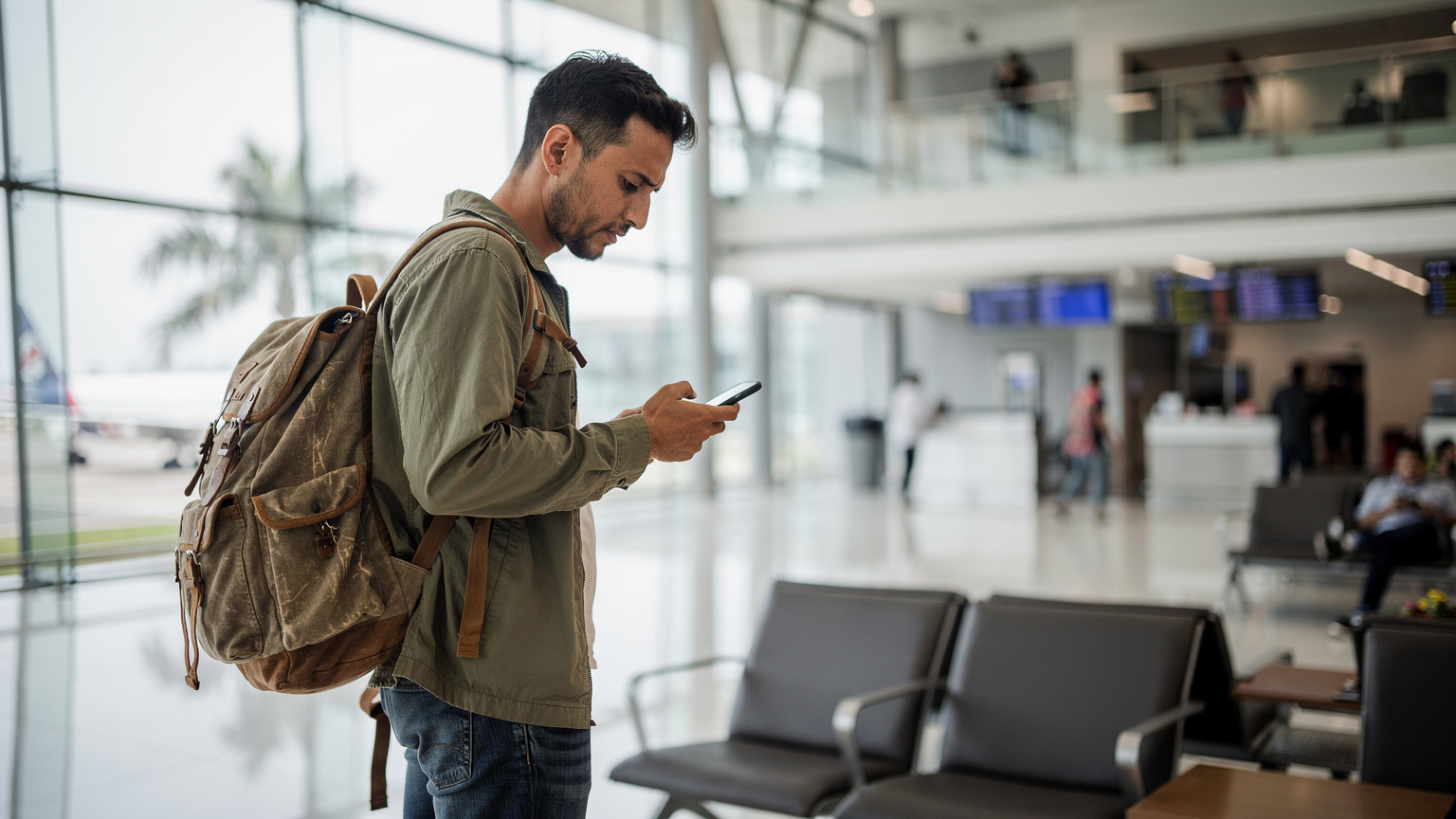 A weary traveler with a backpack looks at their phone with a concerned expression in a brightly lit, modern Jakarta airport terminal, reflecting issues with connectivity.