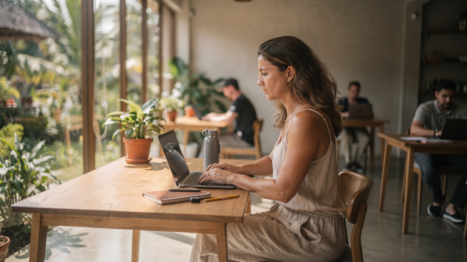 A digital nomad focused on a laptop in a modern, sunlit co-working space in Canggu, Bali, surrounded by other remote workers.