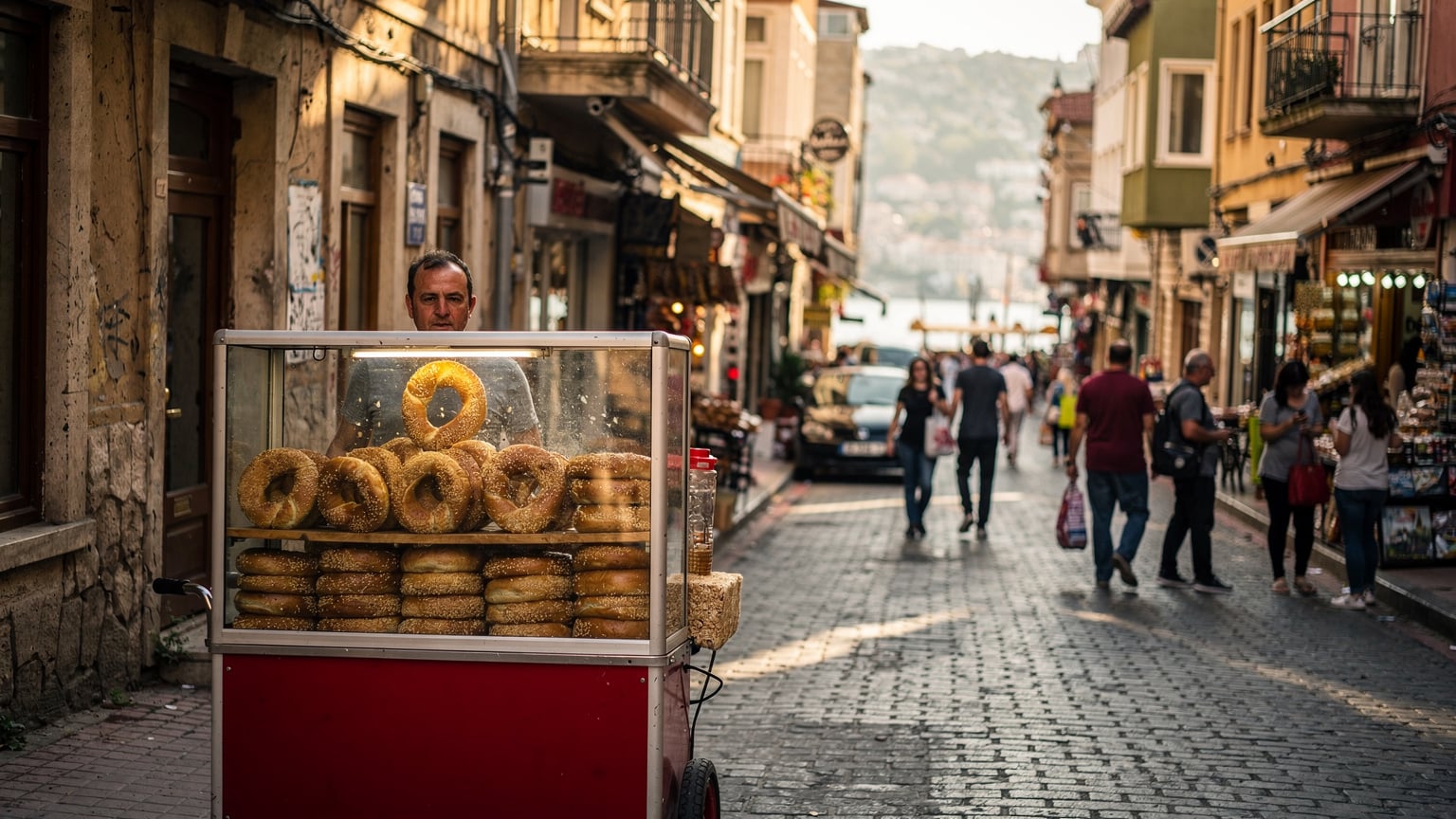 Eine belebte Straße in einem Viertel von Istanbul, mit einem Bäcker, der Simit aus einem Wagen verkauft, und Fußgängern, die vorbeigehen.