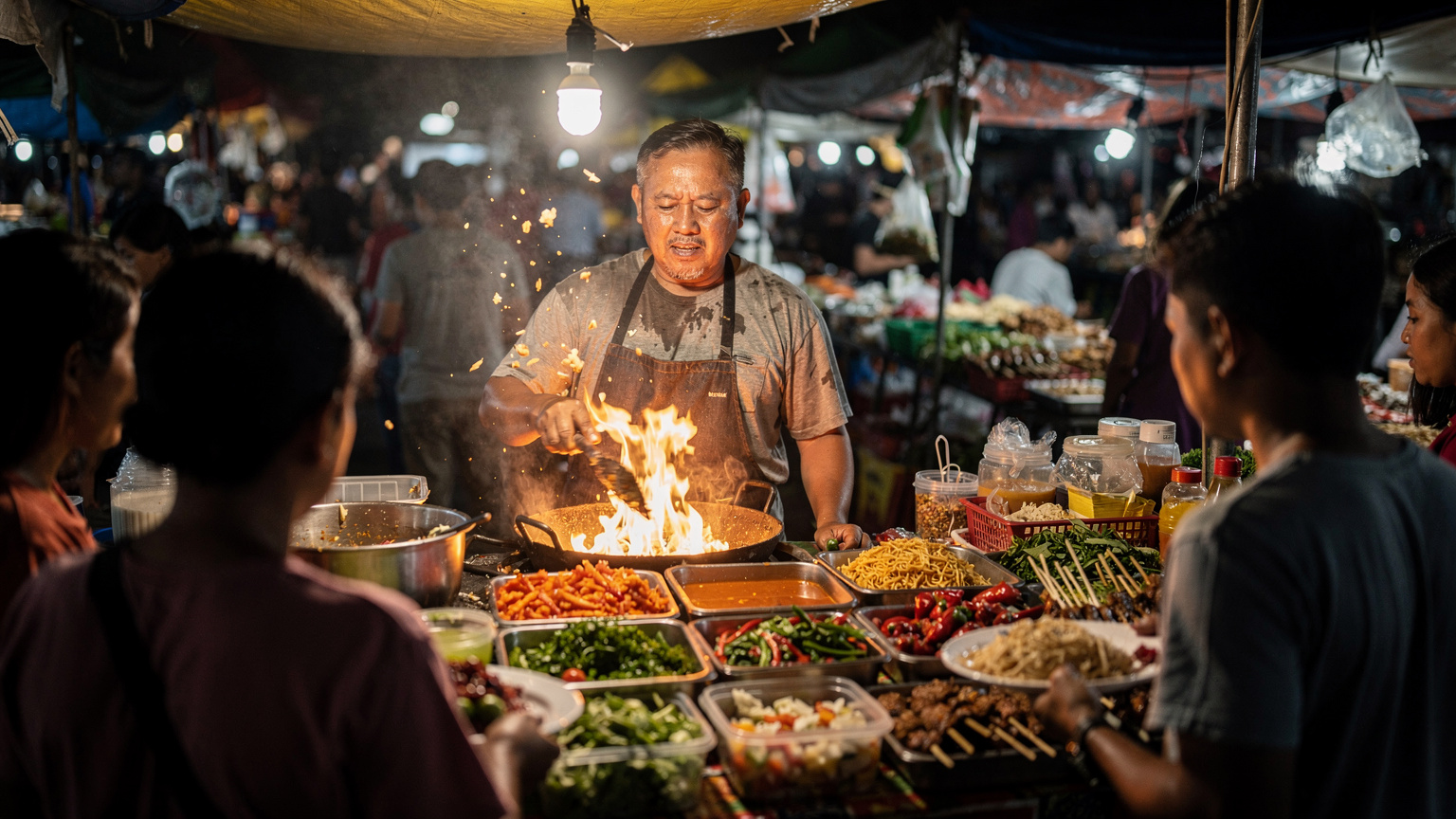 En travel matbod i et gatekjøkken i Denpasar, Bali, med lokal mat som tilberedes og serveres til kunder.