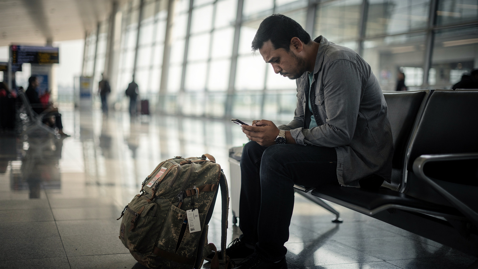 En reisende sitter på en flyplass i Jakarta, ser bekymret på telefonen sin med en ryggsekk ved siden av seg, i mykt morgenlys.