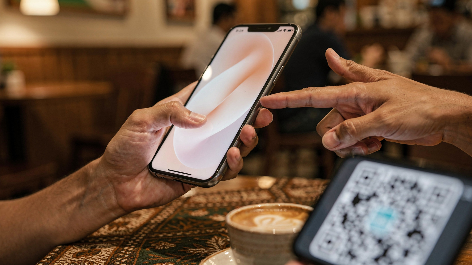 Nærbilde av en reisende som holder en smarttelefon og skanner en QR-kode for å aktivere en eSIM, med fokus på hendene og telefonen, i et kafémiljø i Jakarta.