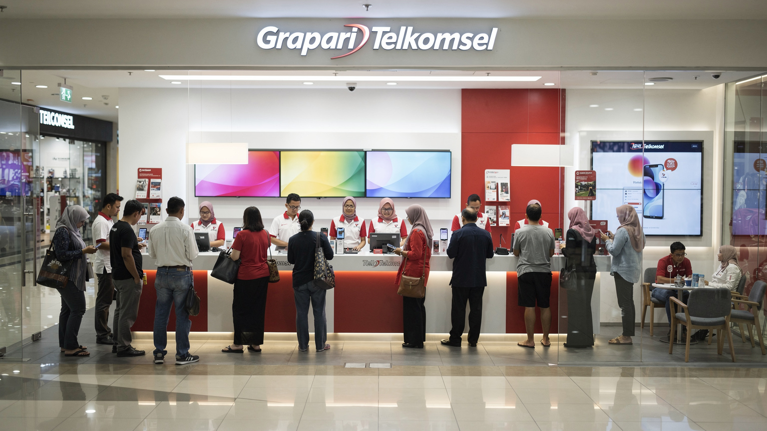 En travel Grapari Telkomsel butikk i et kjøpesenter i Jakarta, med ansatte som hjelper kunder ved skranker og en rekke mennesker som venter tålmodig.