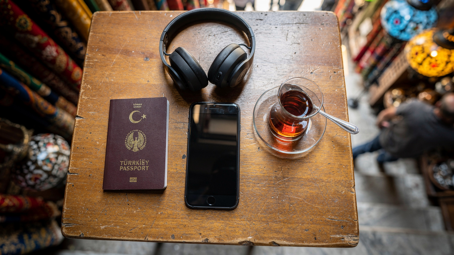 İstanbul Kapalı Çarşı'da bir masanın üzerinde pasaport, telefon ve kulaklıklar, bir esnafın ikram ettiği çay bardağı ile birlikte duruyor.