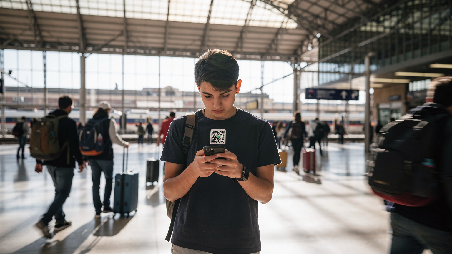 Roma Termini İstasyonu'nda bir genç, kalabalığın ortasında akıllı telefonunda eSIM QR kodunu tarayarak internetini aktif ediyor.