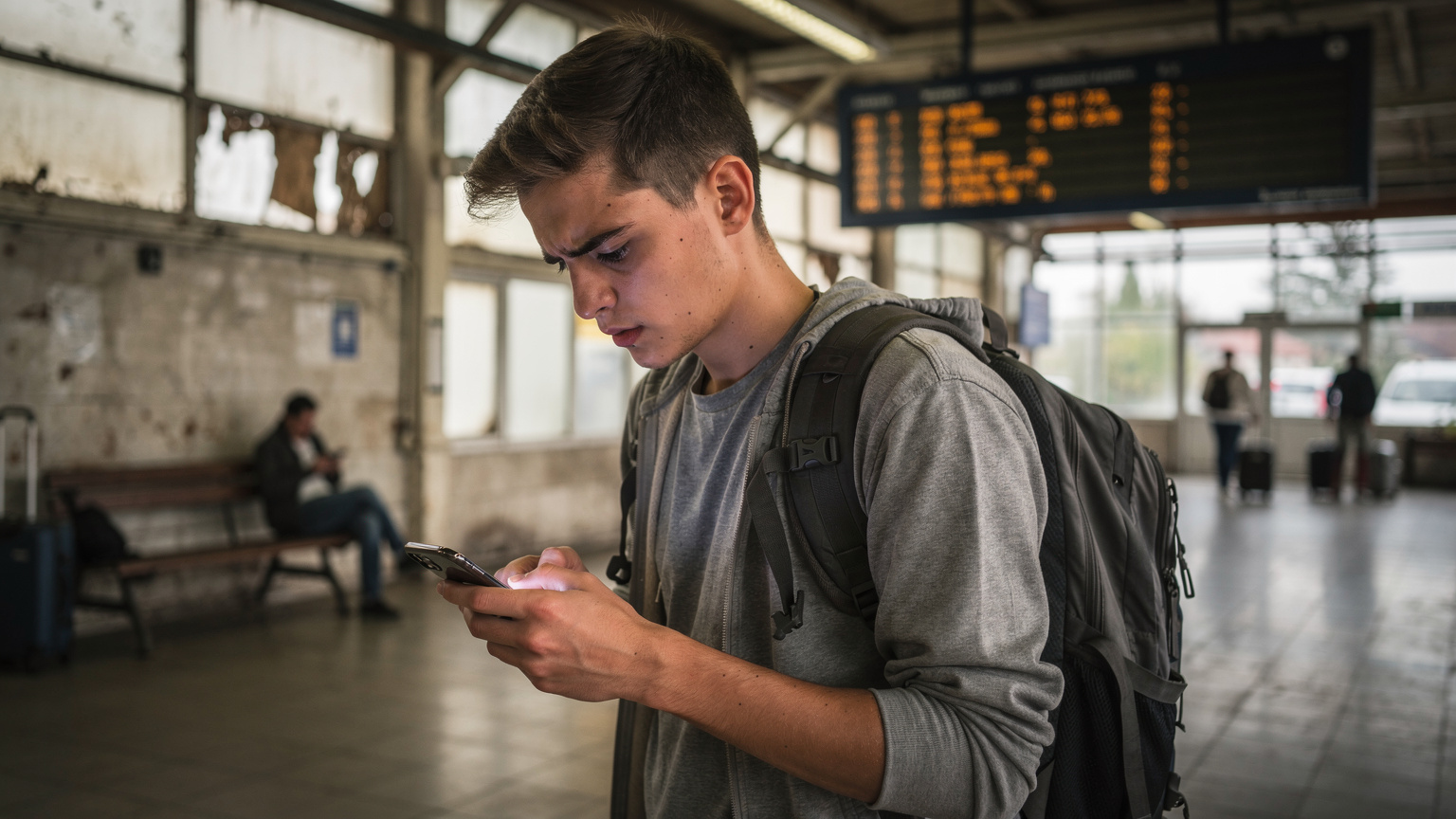 Belgrad'da bir otobüs terminalinde, sırt çantalı bir genç elindeki telefona endişeli bir ifadeyle bakıyor.