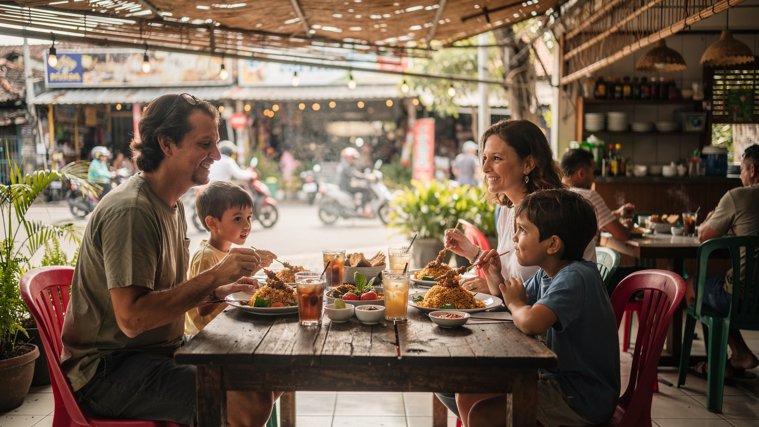 A family enjoying a meal at a warung in Bali, with parents looking relaxed and children engaged with their food, a local street scene visible in the background.