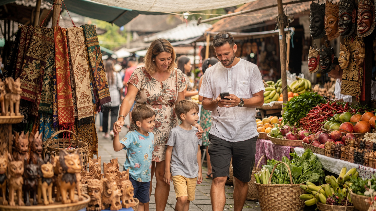 A family navigating a busy Indonesian street market, with children looking at colourful stalls while parents check a map on their phone.