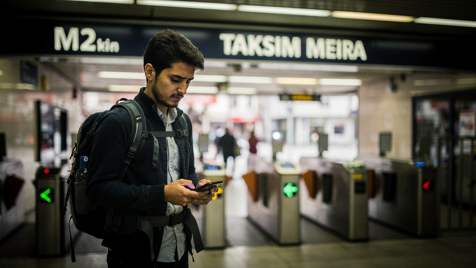 Viaggiatore con zaino davanti ai tornelli della metropolitana M2 a Taksim, Istanbul, che guarda il telefono con espressione perplessa