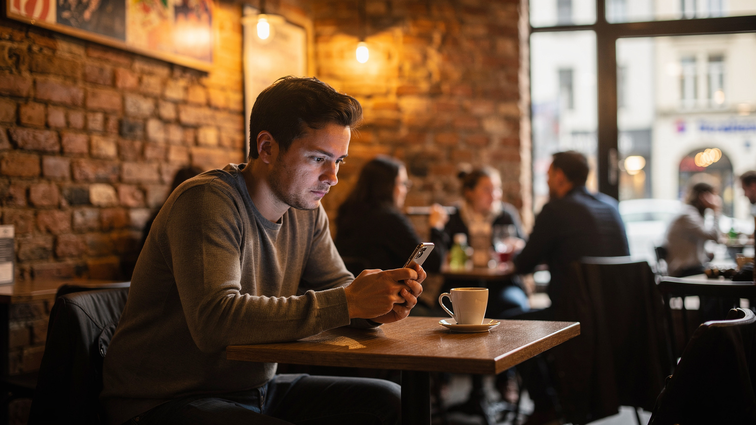 Ein Reisender sitzt nachdenklich an einem Tisch in einem belebten Café in Berlin-Mitte und blickt auf sein iPhone 11. Im Hintergrund verschwimmen andere Gäste und der Betrieb des Cafés, was eine nachdenkliche Stimmung erzeugt.