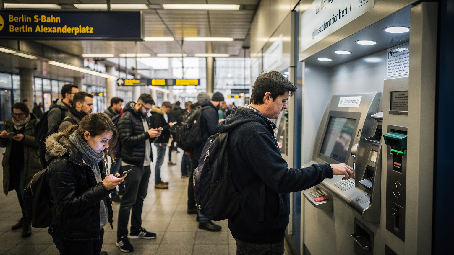 Eine belebte Szene an einem Fahrkartenschalter der Berliner S-Bahn am Alexanderplatz. Reisende drängen sich, einige schauen auf ihre Handys, andere warten ungeduldig. Im Vordergrund ist ein Fahrkartenautomat sichtbar.