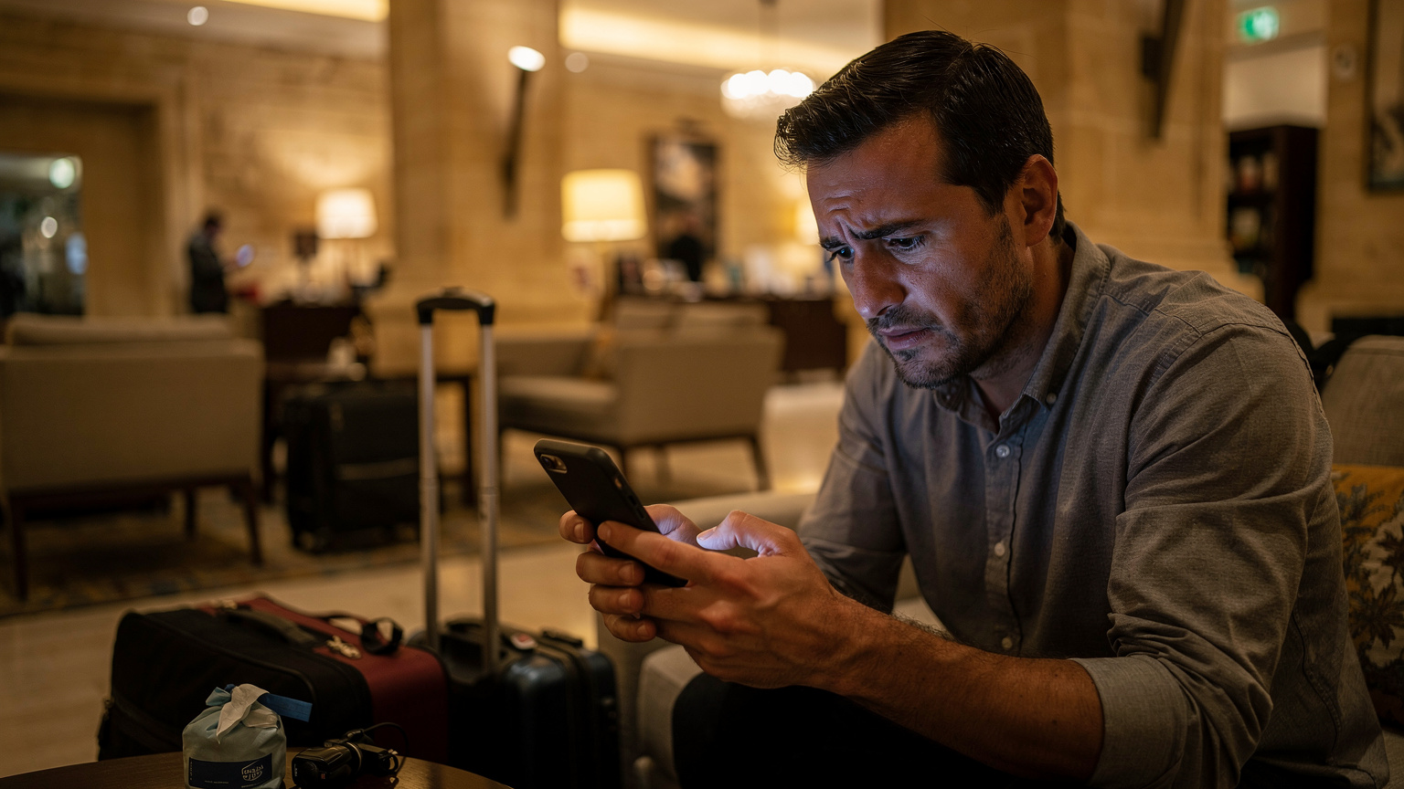 Uçuş sonrası yorgunlukla, Valetta, Malta'daki bir otel lobisinde akıllı telefonunu karıştıran bir yolcu. Telefon ekranı, yüzünde endişeli bir ifadeyle hafifçe aydınlanmış, etraftaki valizler ve bekleme alanı, seyahat karmaşısını vurguluyor.