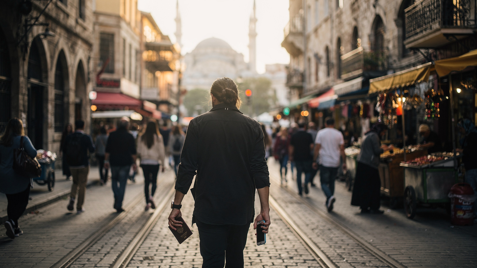 İstanbul'un kalabalık bir caddesinde, gün batımının sıcak ışıkları altında yürüyen bir yolcunun elinde pasaport ve yanında duran bir akıllı telefonun görüntüsü. Yüzü görünmeyen yolcu, bir karar verme anındaymış gibi duruyor.