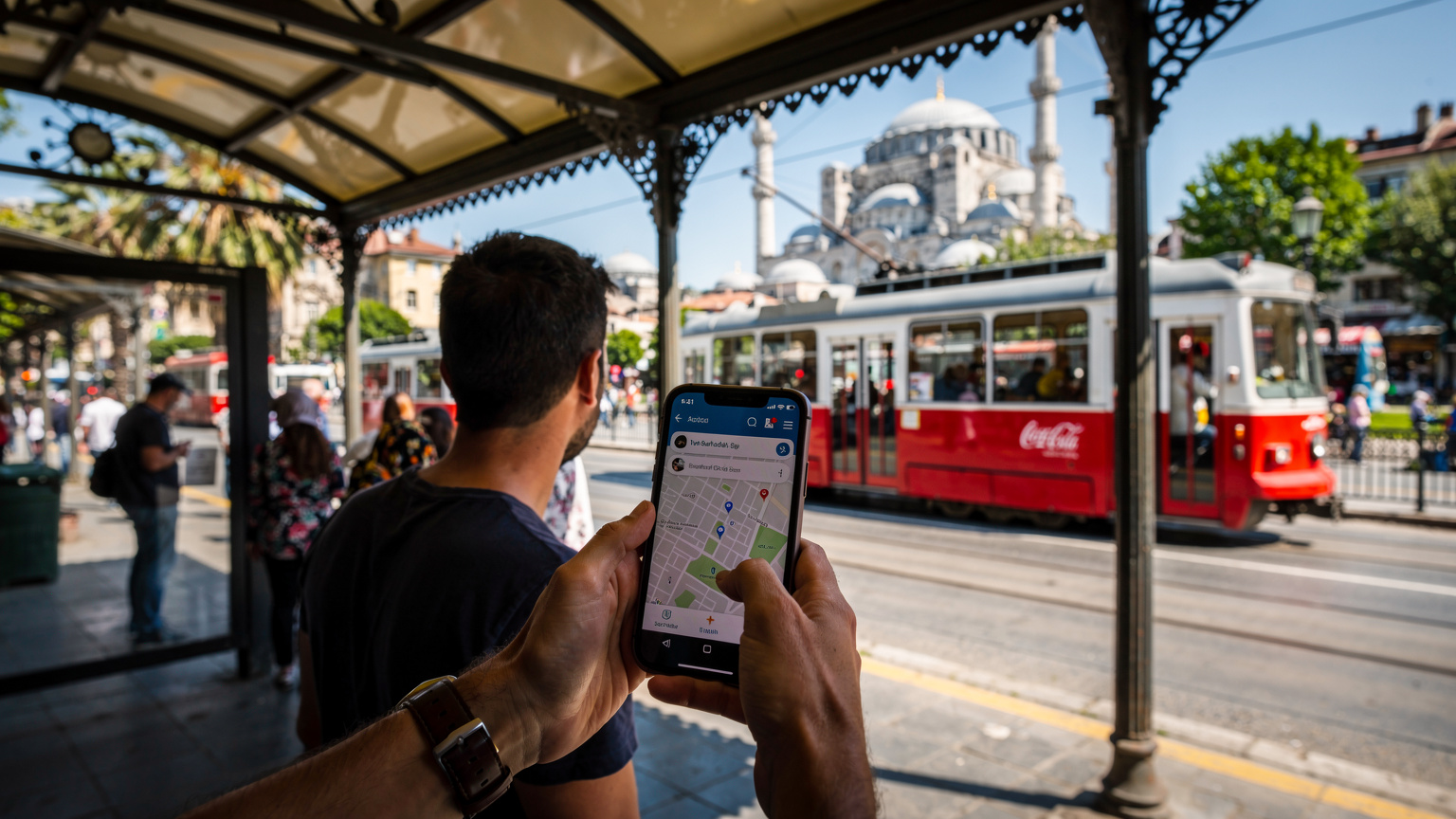 Sultanahmet'te, tarihi bir tramvay durağında bekleyen bir kişinin elindeki akıllı telefon ekranı, turistik bir uygulama veya harita gösteriyor. Arka planda İstanbul'un ikonik tarihi yapıları ve kalabalık belirgin.