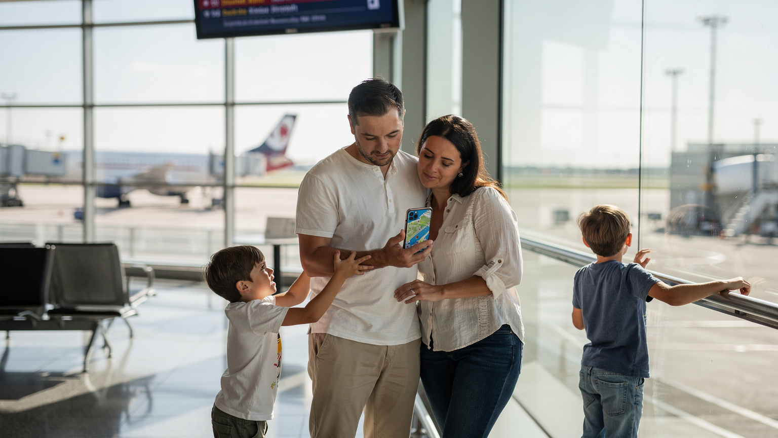 Family at Brussels Airport gate, father holding smartphone, debating eSIM vs. local SIM for Belgium trip.