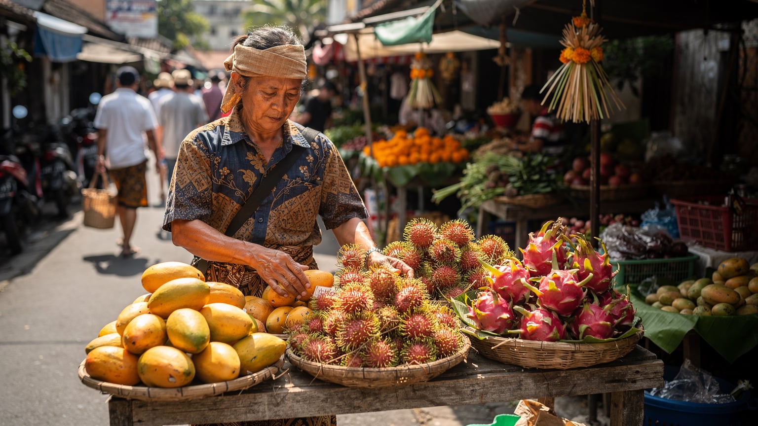 A street vendor in Seminyak, Bali, meticulously arranging colorful fresh fruit for sale, with tourists browsing in the background.