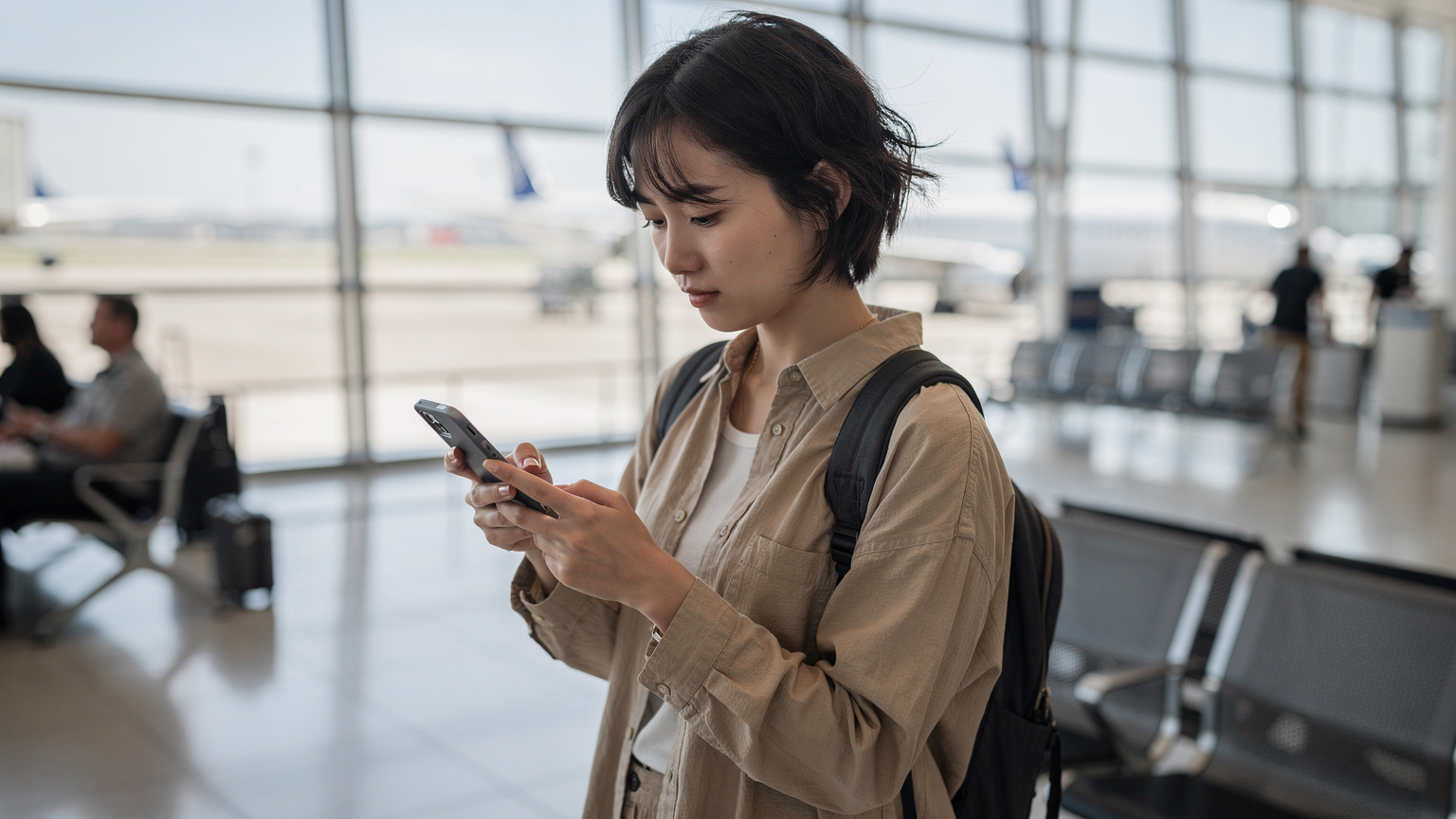 空港の搭乗口で、女性がスマートフォンを真剣な表情で見つめ、フライト情報を確認している。周囲には他の旅行者が行き交い、出発前の緊張感が漂う。