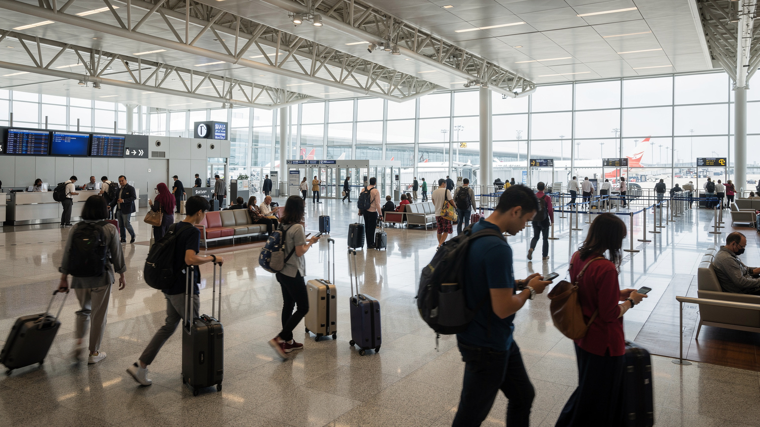成田国際空港の国際線出発ロビー。旅行者たちがチェックインカウンターや搭乗口へ向かい、活気に満ちている。フライト情報が映し出された大型スクリーンが上部にあり、出発の雰囲気を強調している。