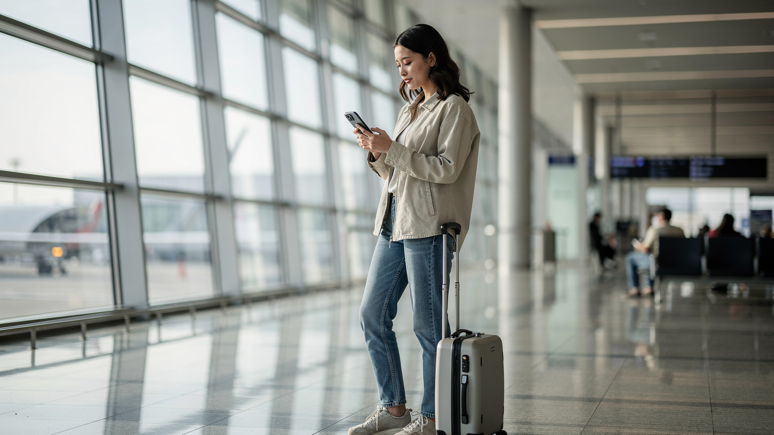 Traveler checking iPhone 18 eSIM at Narita Airport departure lounge before a flight.
