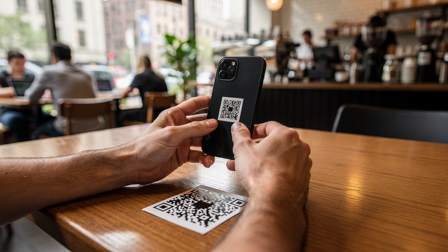 Mãos de um viajante ativando um eSIM através de um código QR em seu smartphone, com o fundo desfocado de uma cafeteria movimentada em Manhattan.