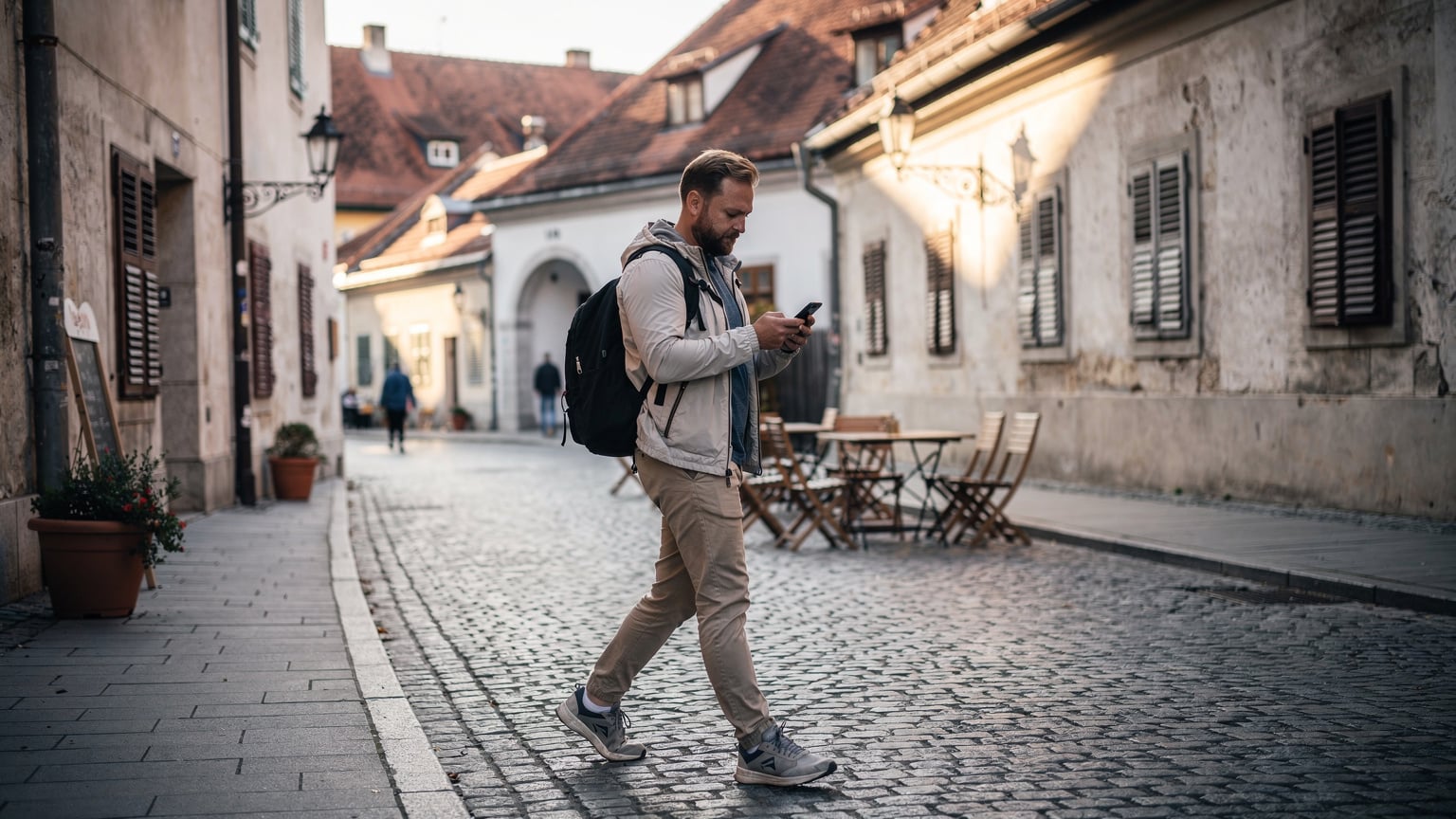 Ein Reisender nutzt sein Smartphone für die Navigation in einer ruhigen Fußgängerzone in Maribor, Slowenien, mit einem historischen Gebäude im Hintergrund.