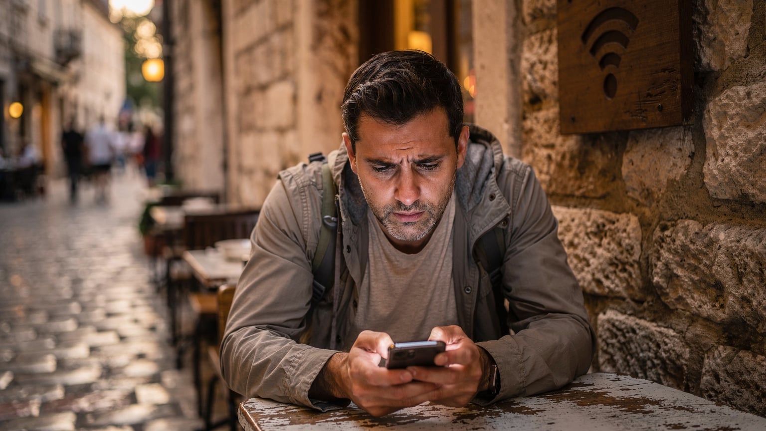 Ein Reisender sitzt in einem kleinen Café in der Altstadt von Split, Kroatien, mit einem besorgten Ausdruck, während er auf sein Smartphone schaut. Ein Schild mit WLAN-Symbol im Hintergrund.