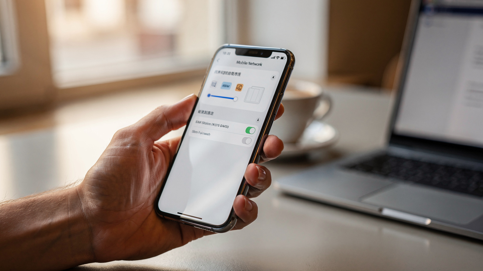 O mână ține un smartphone care afișează ecranul de setări pentru rețeaua mobilă, cu opțiuni pentru gestionarea eSIM-urilor. Lumina ambientală accentuează interfața curată.