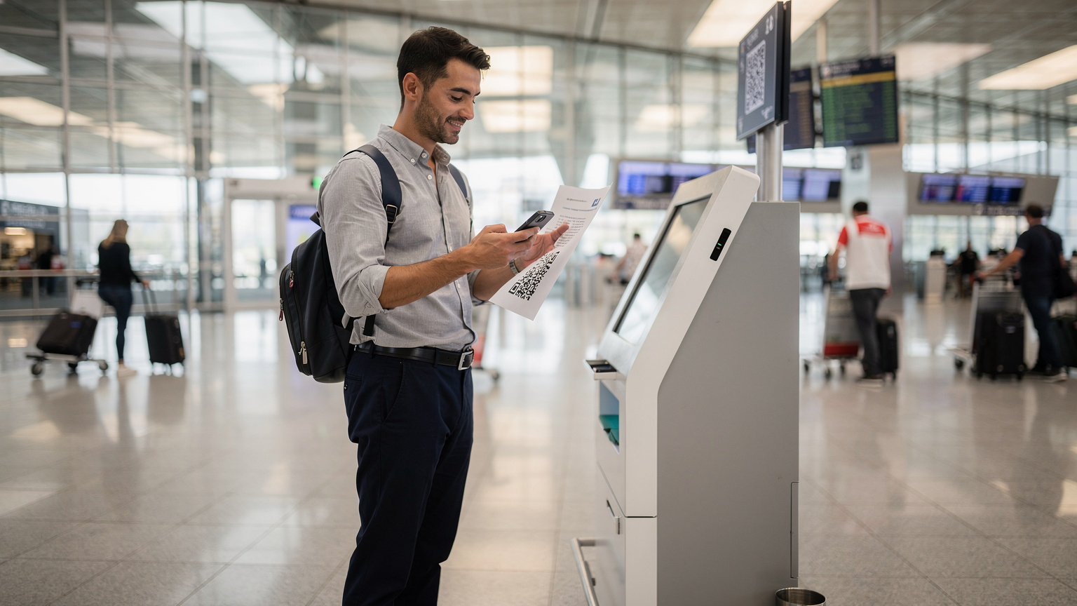 Un călător folosește un smartphone pentru a scana un cod QR într-un hol de aeroport modern și luminos, cu alte persoane în fundal. Lumina difuză subliniază rapiditatea procesului.