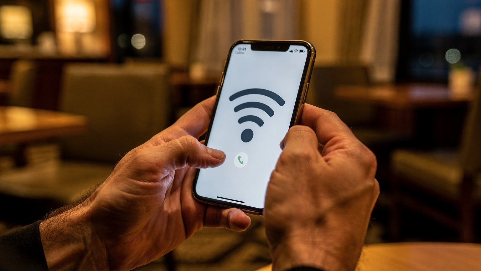 Detailní záběr ruky držící chytrý telefon, na obrazovce je otevřená aplikace pro volání přes Wi-Fi, v pozadí rozmazané večerní světla města v USA.