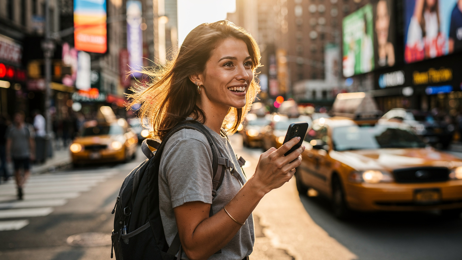 Mladá žena se usmívá a drží telefon, na jehož obrazovce je mapa New Yorku s aktivní GPS, v pozadí projíždí ikonický žlutý taxík po ulici Manhattanu.