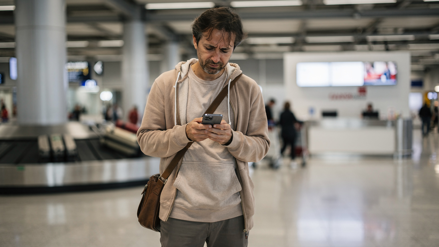 Sabiha Gökçen Havalimanı gelen yolcu terminalinde, bir seyahat acentesi standının önünde, bir gezgin bagajını beklerken telefon ekranına endişeyle bakıyor.