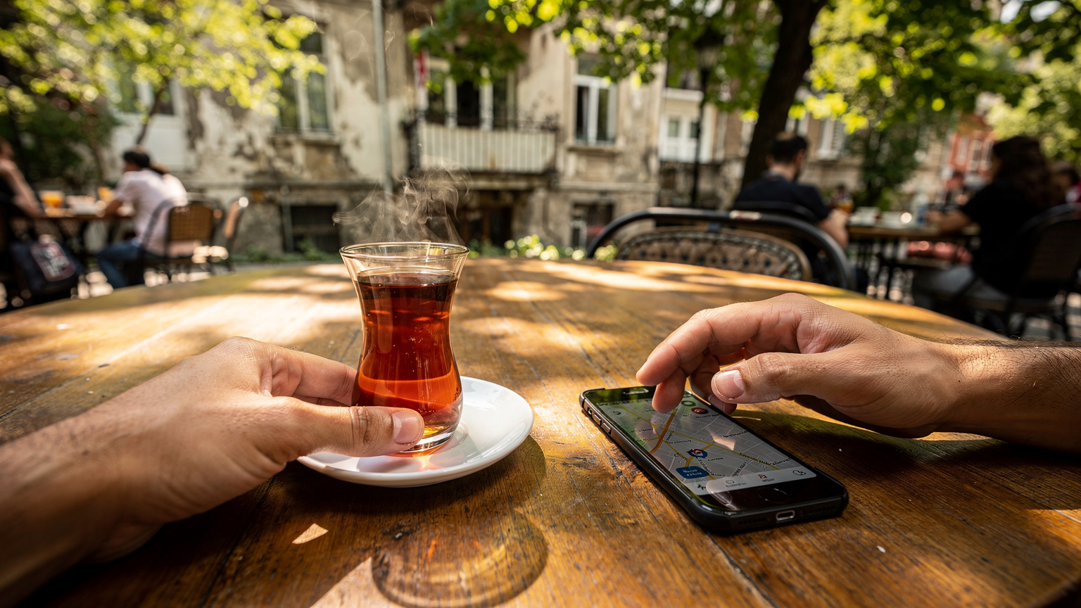 İstanbul'un Kadıköy semtindeki hareketli bir çay bahçesinde, bir gezgin elinde Türk çayı bardağı tutarken, telefon ekranındaki harita uygulamasını inceliyor.
