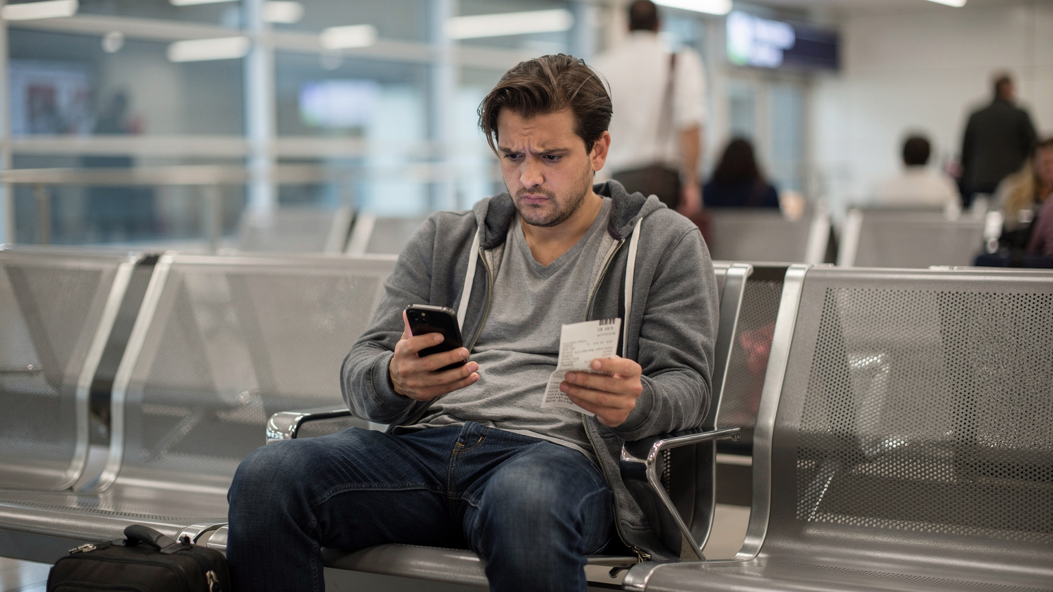 A traveler is seen looking slightly frustrated at a locked mobile phone screen, sitting on a bench in a busy but unidentifiable airport lounge, their boarding pass visible in their hand.