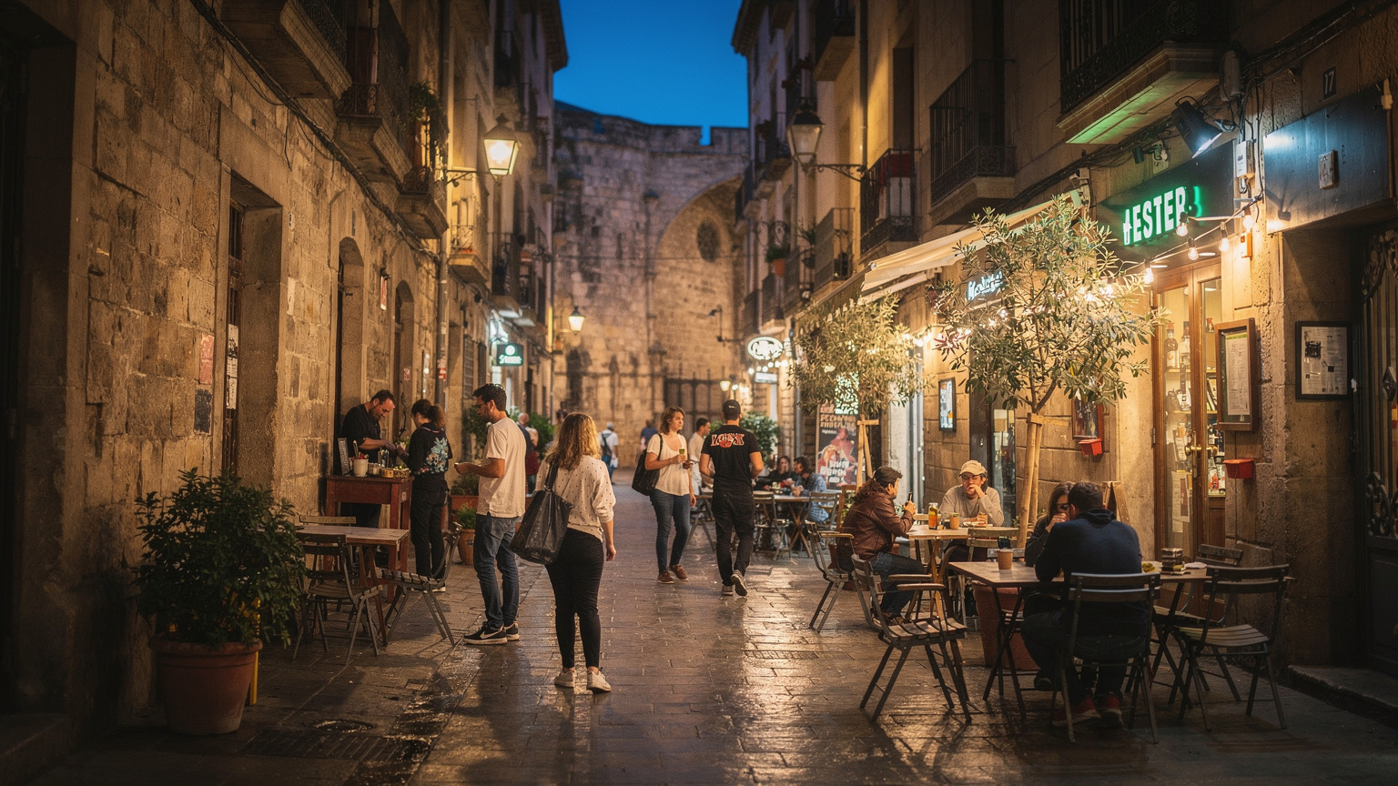 Eine belebte Straße in einem malerischen Viertel von Barcelona, mit Passanten, die zwischen den Gebäuden und kleinen Cafés hin und her gehen, aufgenommen zur blauen Stunde.