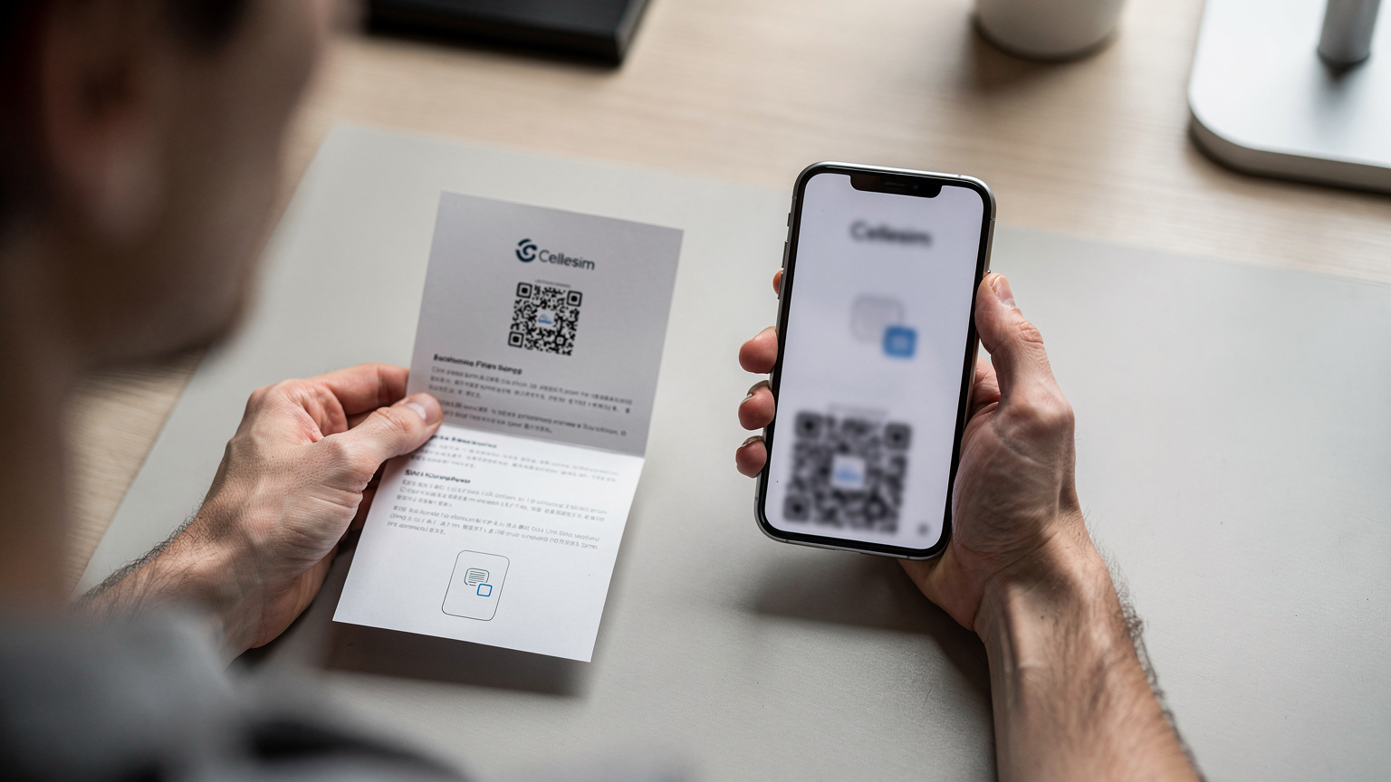 Eine Hand hält ein iPhone 11, dessen Bildschirm eine eSIM-Installationsseite mit einem unscharfen QR-Code zeigt, während eine andere Hand eine ausgedruckte Cellesim-Anleitung festhält.
